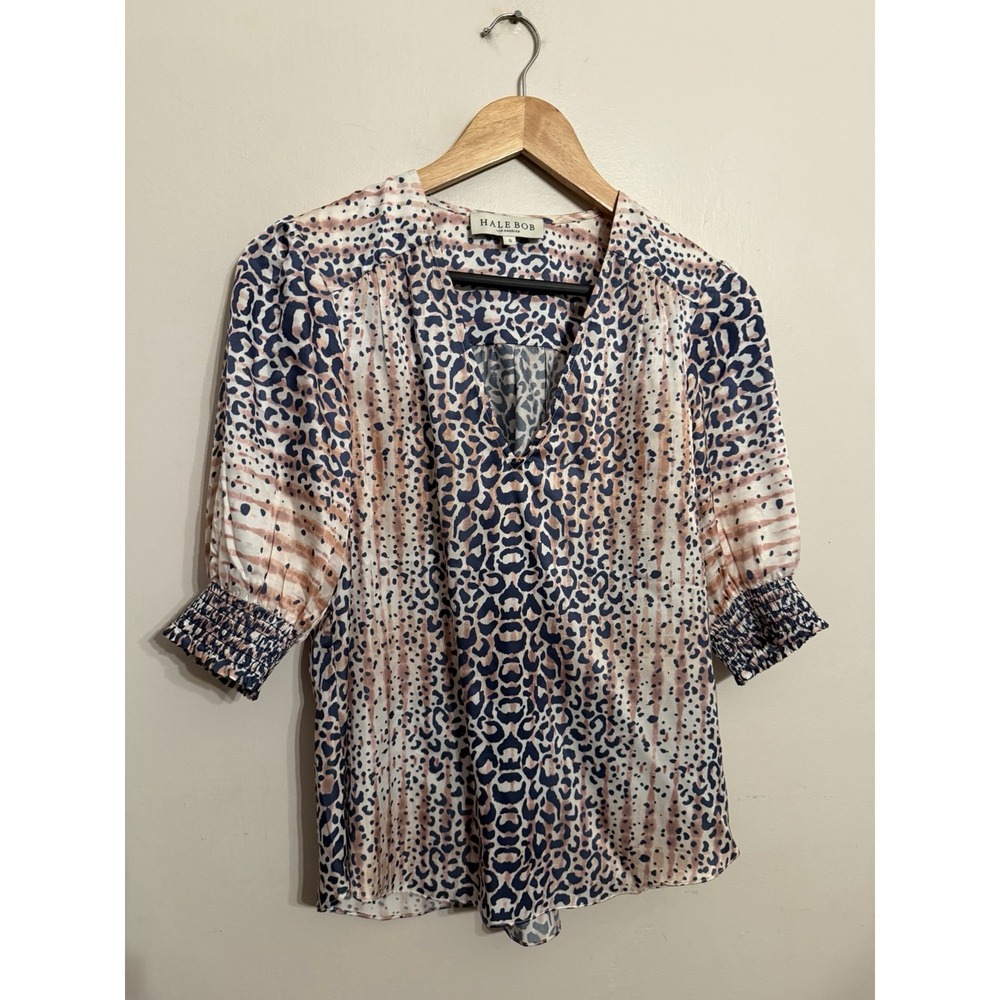 Hale Bob Women's V-Neck Striped Leopard Blouse 3/4 Sleeves Silk Blend Small